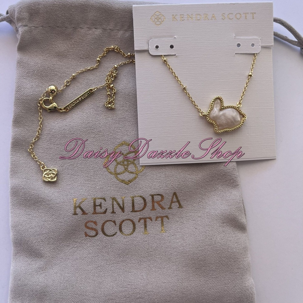🐇🎀Kendra Scott Bunny Gold Short Pendant Necklace In Taupe Mother-of-Pearl New